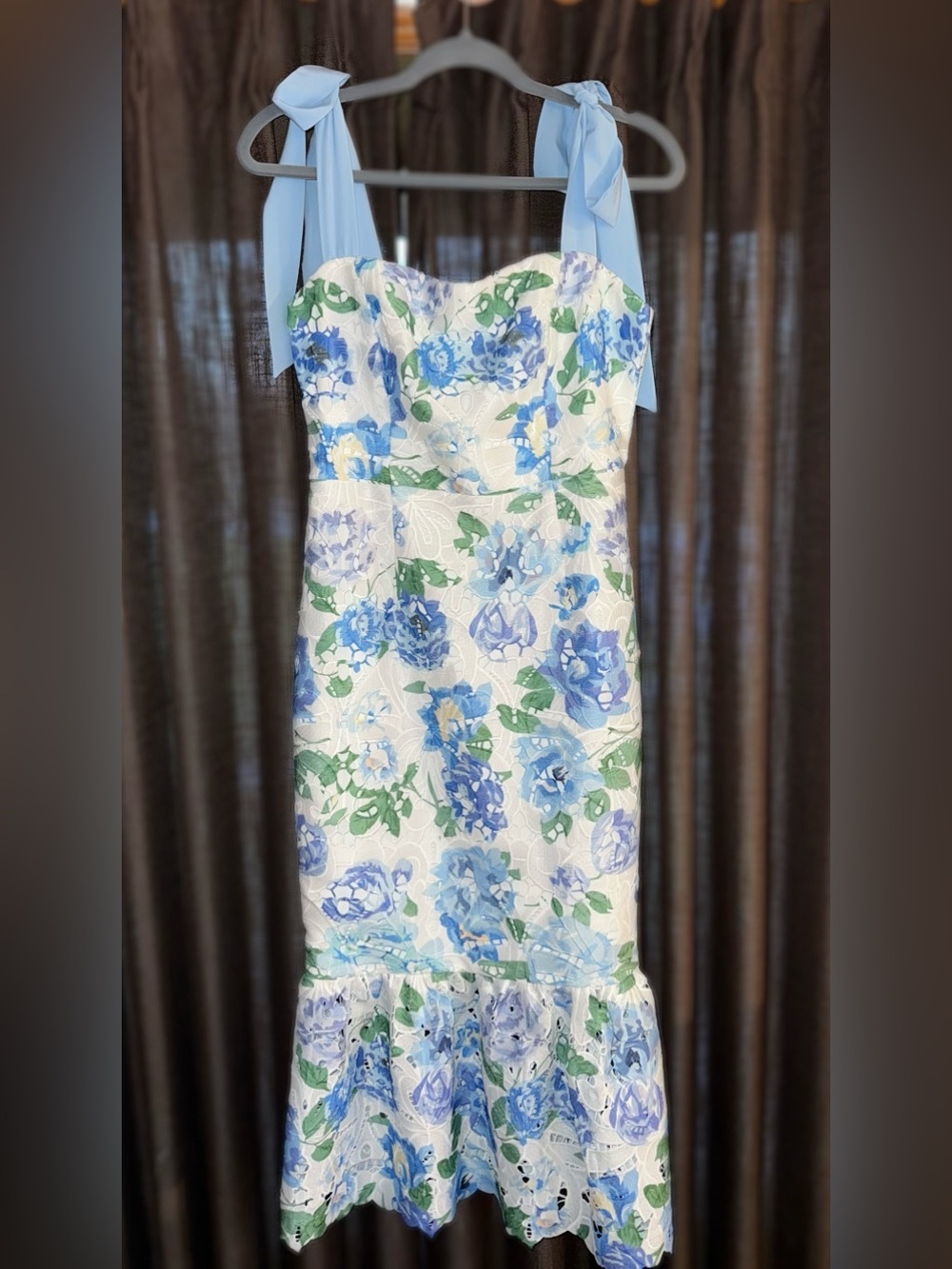 Blue Floral Tie-Sleeve Midi Dress